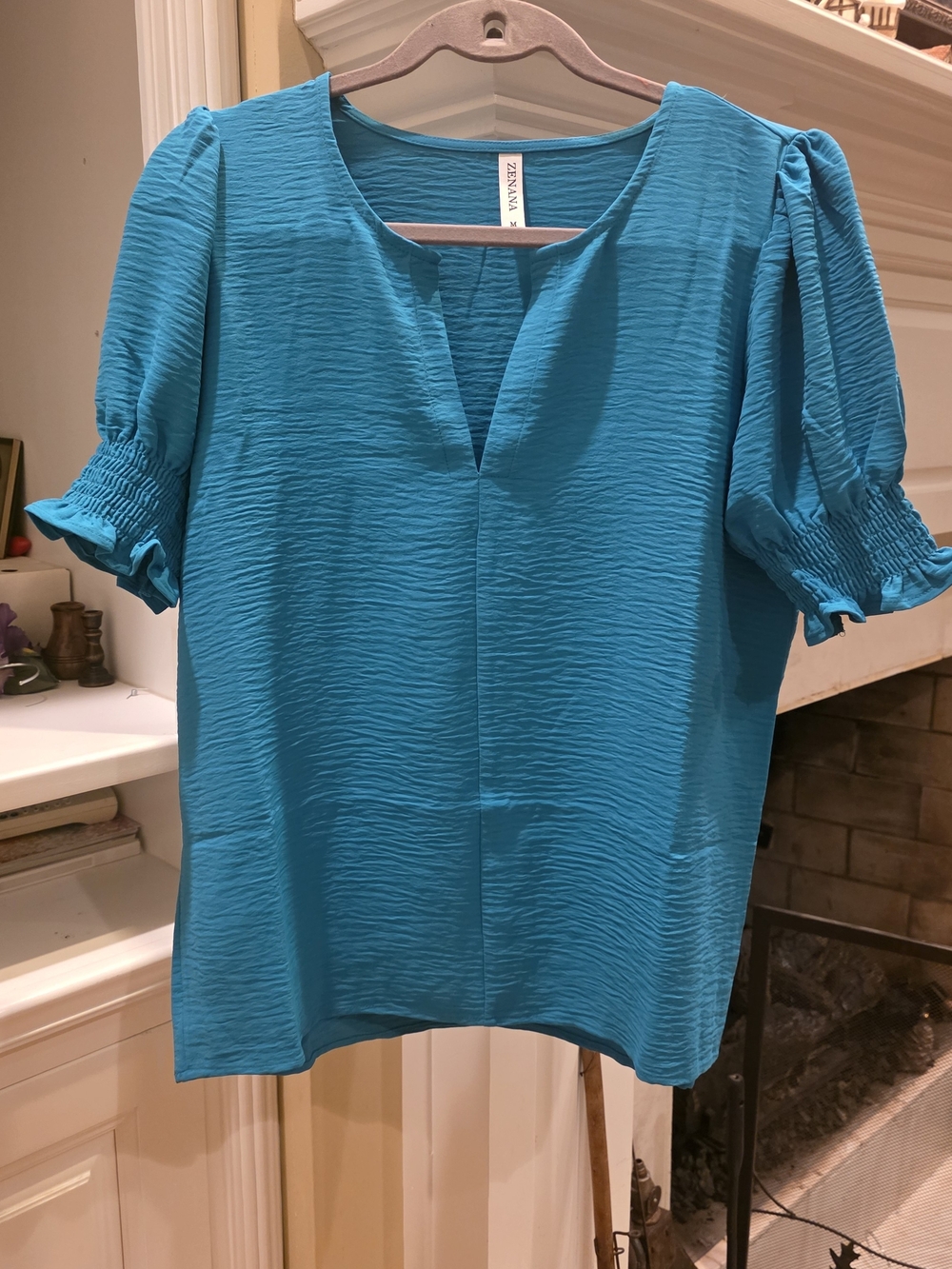Zenana Outfitters Teal Puff-Sleeve V-Neck Blouse